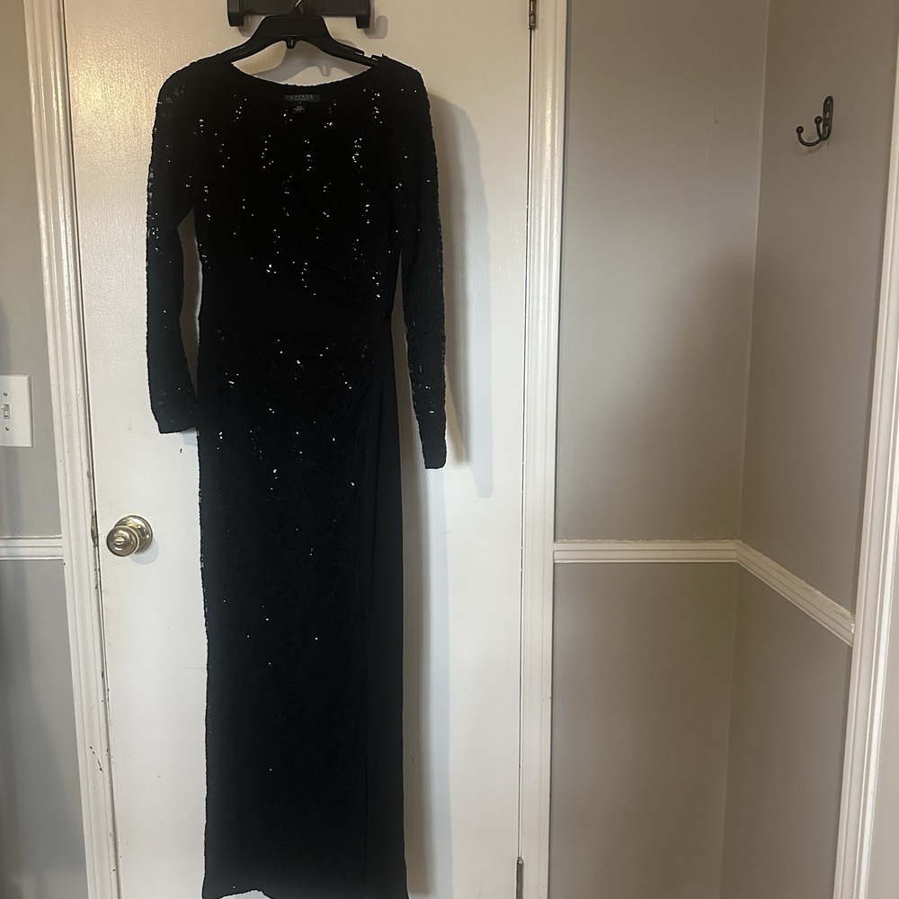 Lauren Ralph Lauren Evening Gown Women's 2 Black Sequin Ruched Slit Formal Party - Picture 3 of 8